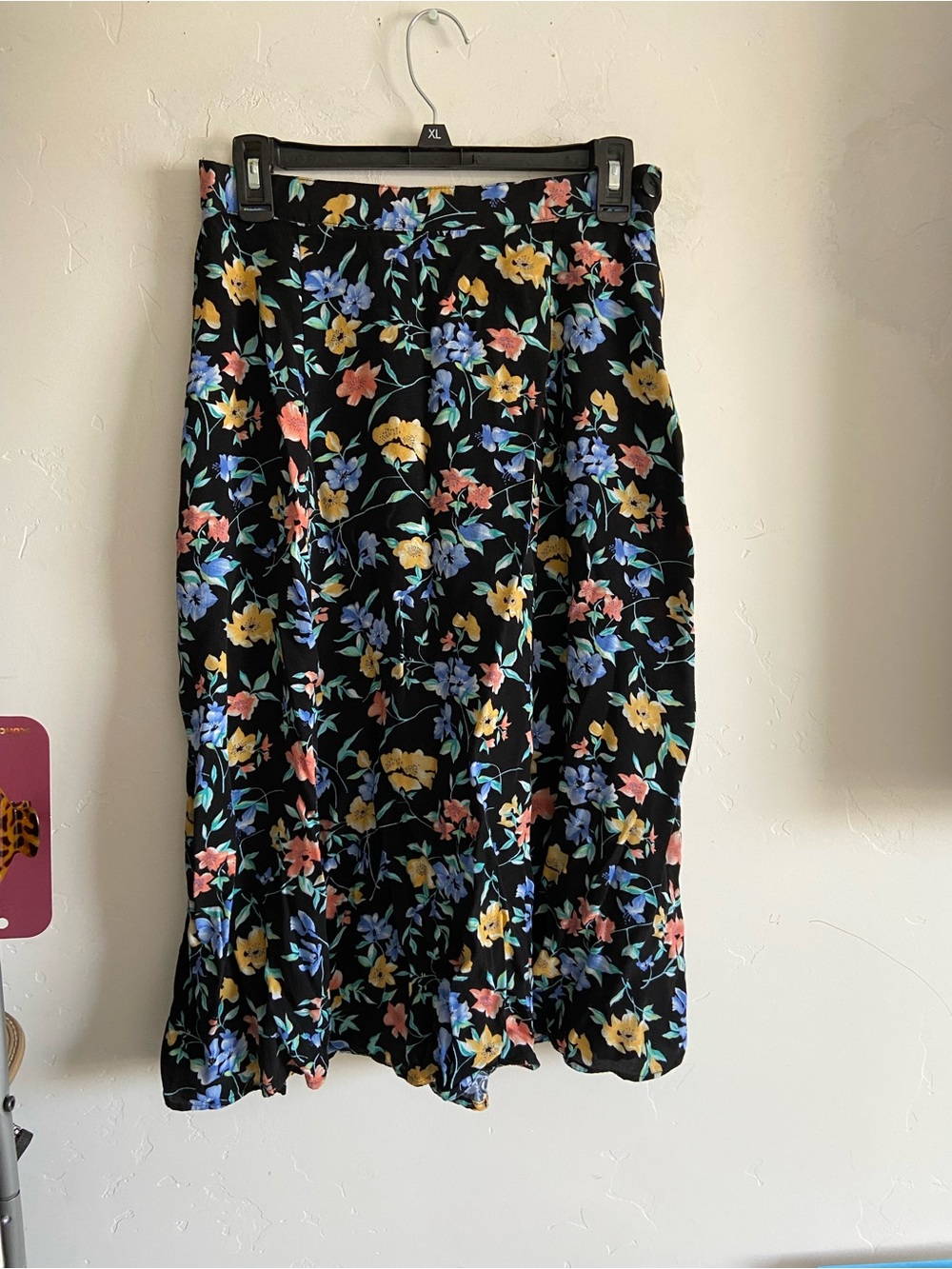 Floral Black Midi Skirt with Yellow, Blue & Pink Blooms